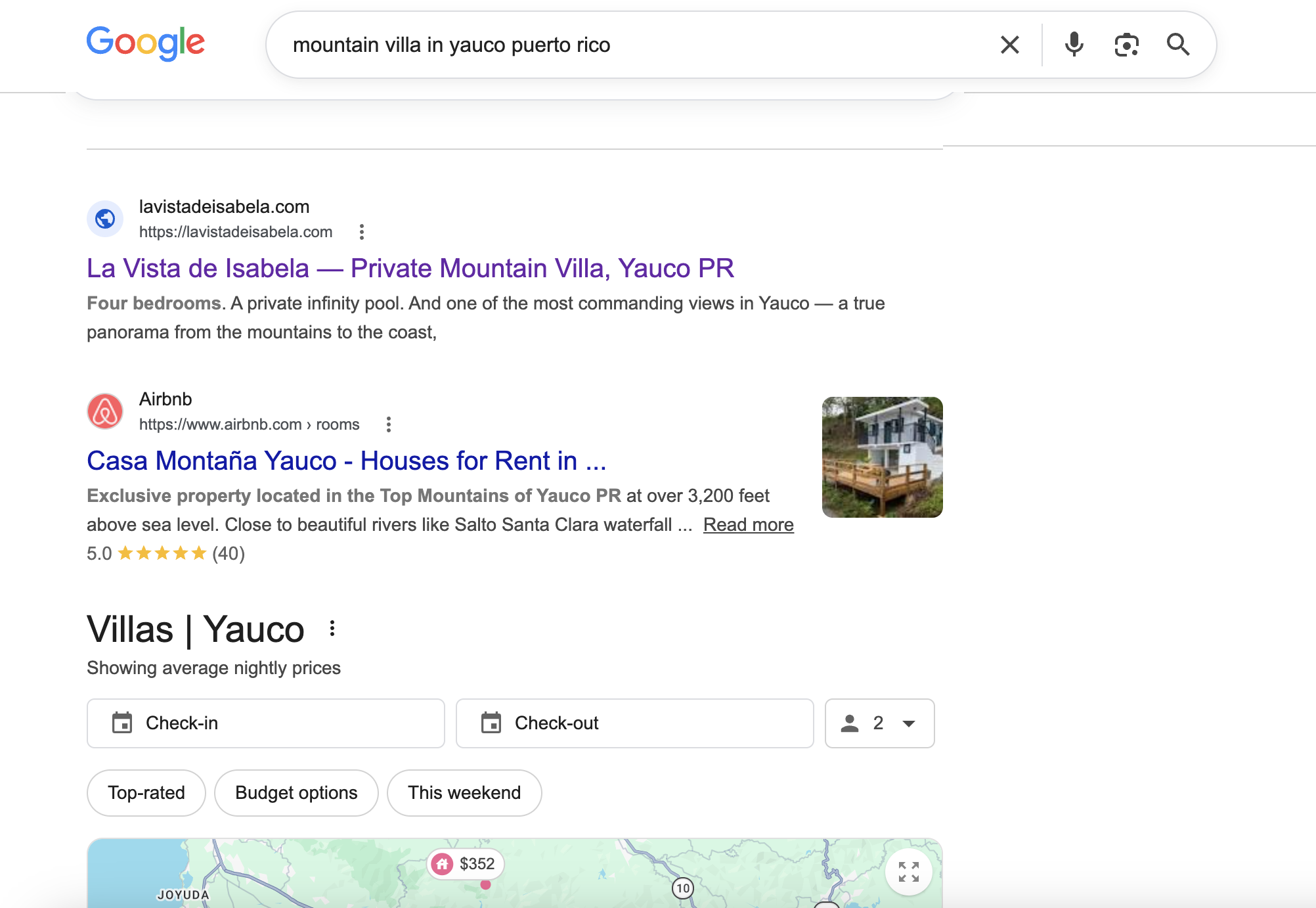 Google results for the search 'mountain villa in yauco puerto rico', with lavistadeisabela.com ranked first, above an Airbnb listing.
