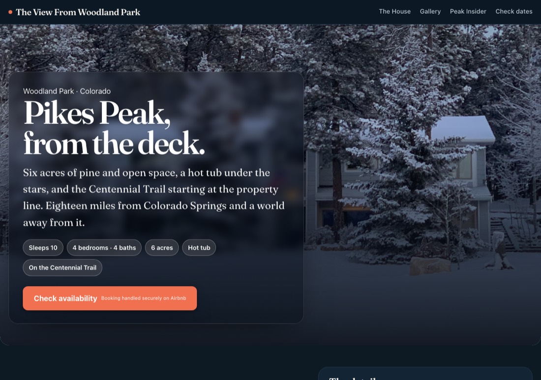 A Colorado property site we built: a snowy mountain home with the headline 'Pikes Peak, from the deck', property details, and a Check availability button.